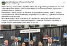 Standul României la un târg de turism din New York, cu poze imprimate pe foi A4 şi prinse de perdea, ironizat pe net